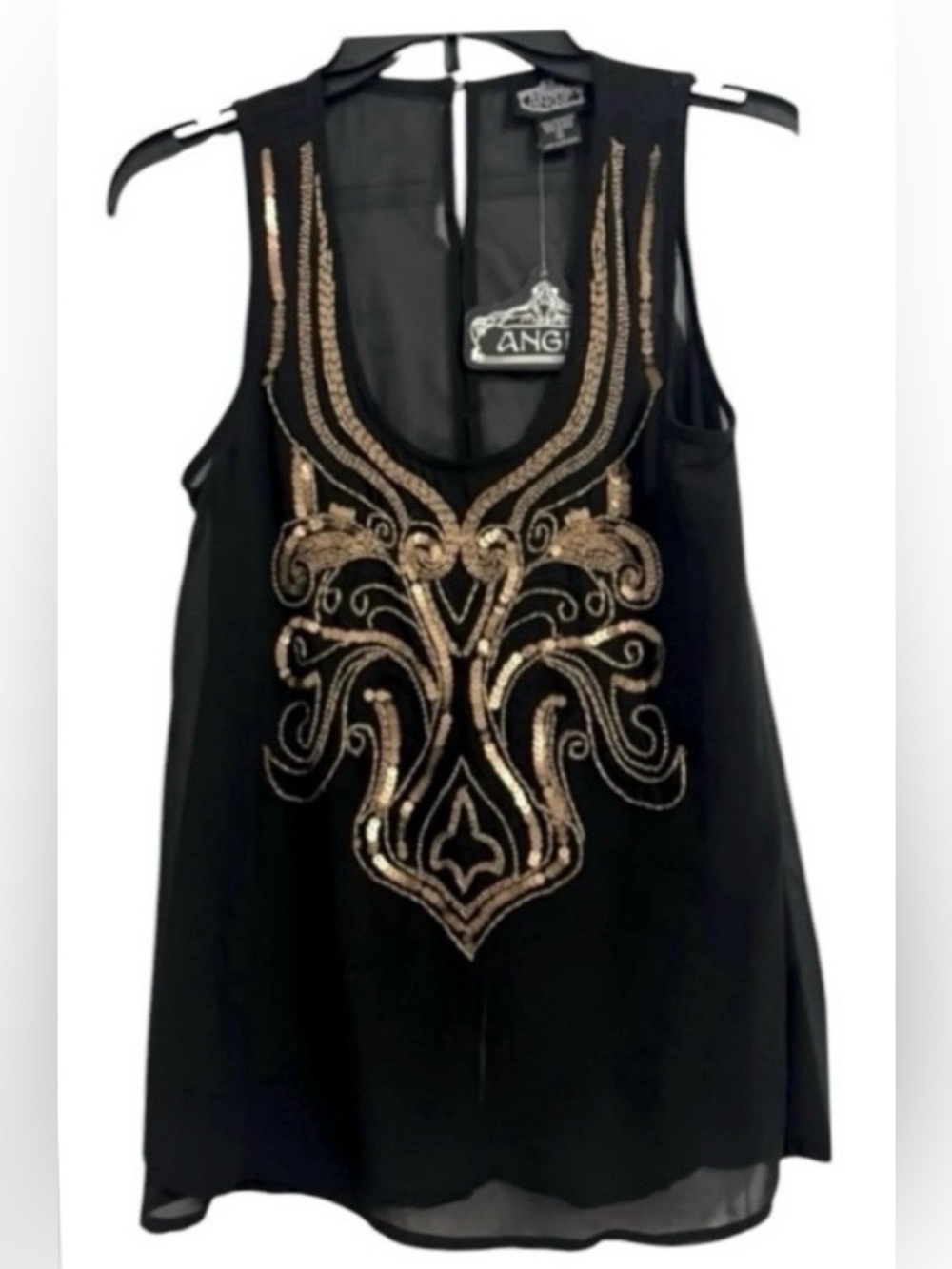 NWT Angie women’s Small see through sequined black boho blouse with gold beading